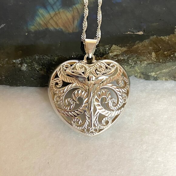 Steven Lavaggi Sterling Silver 925 Filigree Puffy Heart Angel Pendant Necklace - Picture 4 of 16